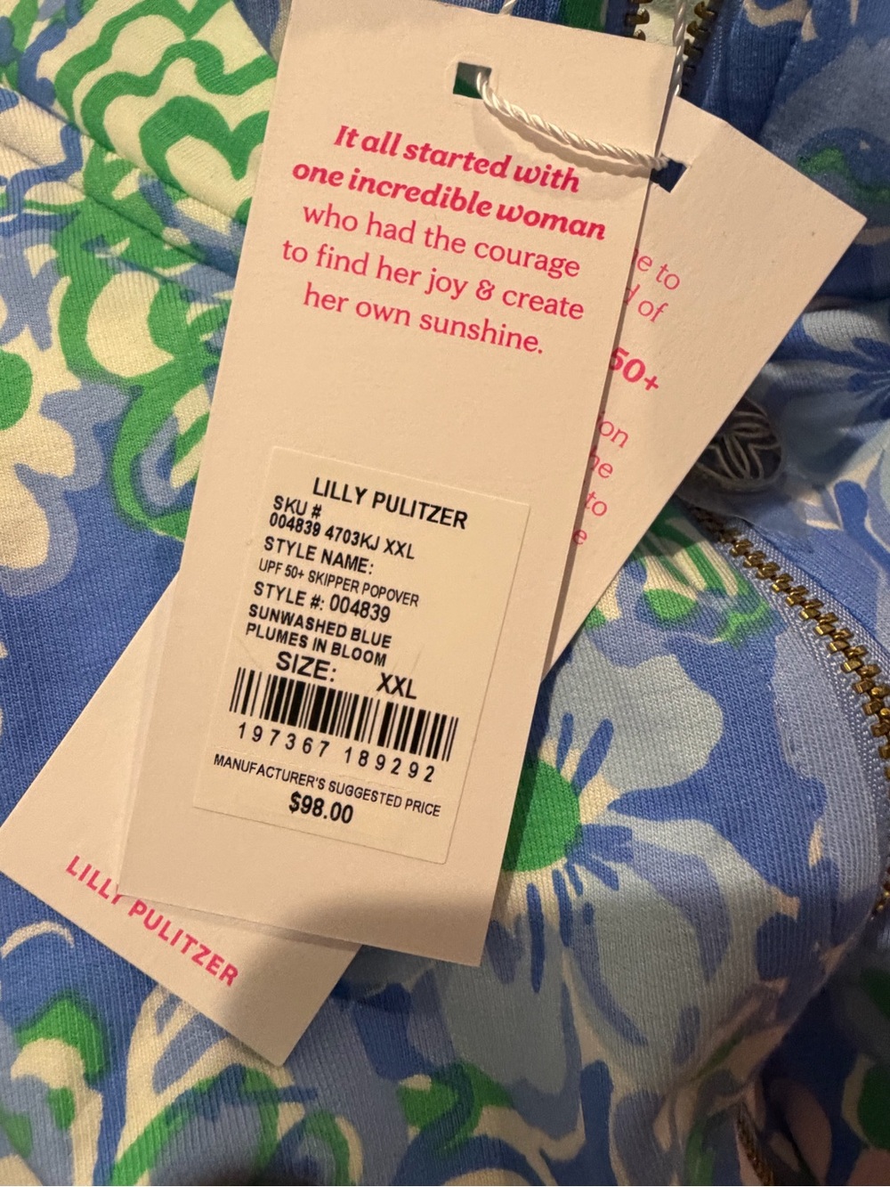 Lilly Pulitzer Blue Floral Zip Pullover with Pink and Green Accents - Picture 5 of 5